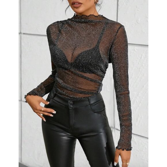 Unknown Tops - Black Shimmery Sheer Mock Neck Long Sleeve Top S | Rockstar Girlfriend Y3K Siren